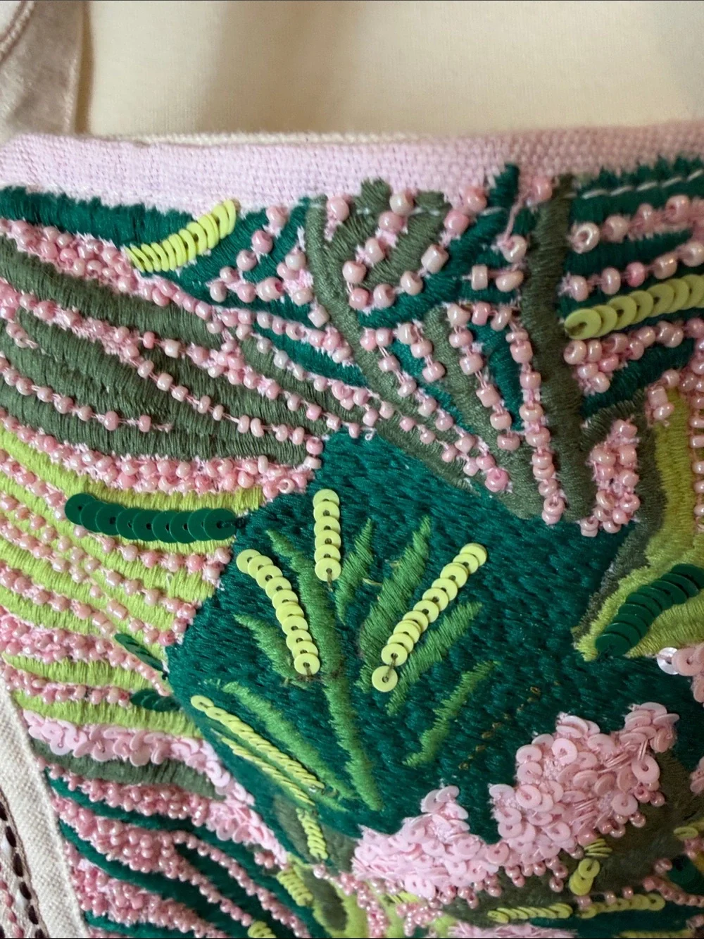 America & Beyond Hand-Embroidered Pink & Green Canvas Tote Bag